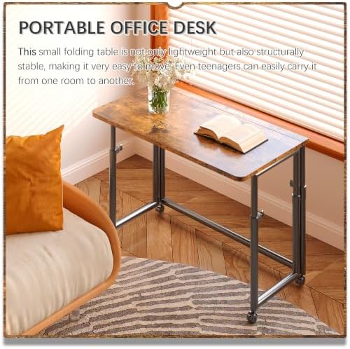 4NM No Assembly 31.5" Small Desk, Folding Portable Desk with Wheels, Adjustable Height Foldable Computer Desks, Collapsible Study Writing Table for Space Saving
