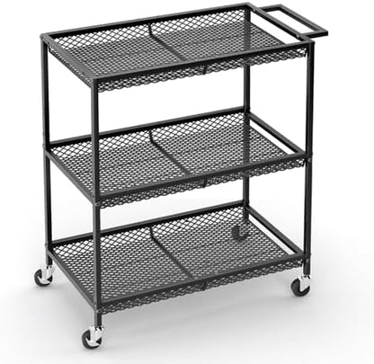 3 Tier Rolling Utility Kitchen Cart, Heavy Duty Wire Rolling Cart on Wheels, Commercial Metal Serving Carts with Handle, Kitchen Island Plant Shelf Food Storage Trolley for Laundry, Office, Garage