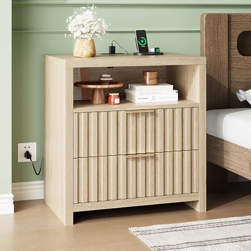 VINGLI Fluted Nightstand with Charging Station, 23.6" W Mid Century Modern Nightstand for Bedroom, 2 Drawer Bedside Table, End Tables Bedroom, Wood Side Table, Oak