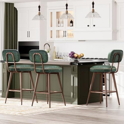 MALOL 26“ Mid Century Leather Swivel Bar Stools Set of 3, Green