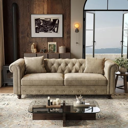 ONBRILL 82 Inch Chesterfield Sofa, 23 Inch Deep Seat Velvet Couch for Living Room, Button Tufted Couch with Rolled Arms, 2 Throw Pillows, Comfy Vintage Loveseat Sofa for Apartment, Taupe