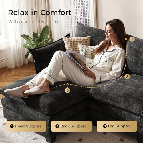 KKL Modular Sectional Sofa, L-Shaped 4 Seater Cloud Couch with Ottoman, Chenille Modern Sectional Couches for Living Room, Apartment, Black