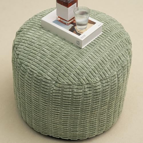 Round Stuffed Pouf Ottoman for Foot Rest 26" X 18" Faux Fur Poufs, Green