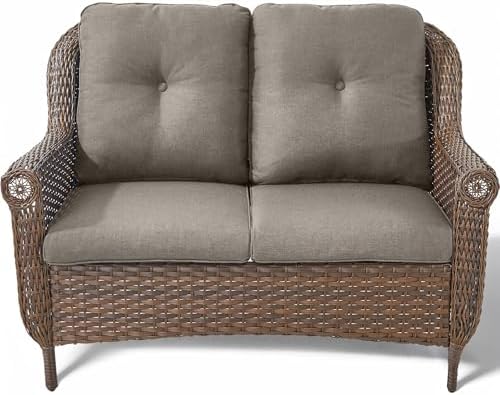 Patio Loveseat Outdoor Wicker Sofa - Heavy Duty All-Weather Brown Rattan 2-Person Sofas with High Back and Comfortable Thick Cushions for Garden Back Porch Poolside Apartment - Grey