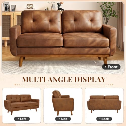 Mid Century Modern Loveseat Sofa, 65"W Upholstered Comfy Couch with Tufted Design and Square Arms, 2 Seater Small Couch with Deep Seat and Solid Wood Legs for Living Room, Bedroom, Apartment(Brown)