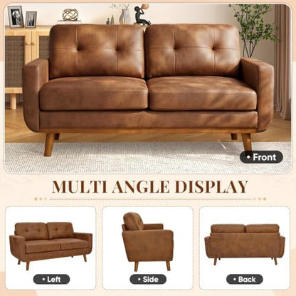 Mid Century Modern Loveseat Sofa, 65"W Upholstered Comfy Couch with Tufted Design and Square Arms, 2 Seater Small Couch with Deep Seat and Solid Wood Legs for Living Room, Bedroom, Apartment(Brown)