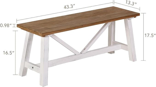 Wnutrees 43" Farmhouse Solid Wood Bench, Narrow Long Seat for Entryway Living Room Dining Area, White