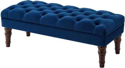 24KF Velvet Upholstered Buttons Tufted Entryway Bench with Solid Wood Leg,Bed Bench Ottoman with Padded Seat,5061N-Navy