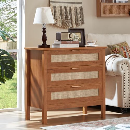 LEYAOYAO 31.5" Wide Rattan Nightstand, Large Boho 3 Drawer Night Stand