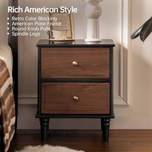 100% Solid Wood Nightstand, Mid Century Modern Night Stand with Drawers, Wooden Nightstands for Bedroom, Small Night Stands Bedside Tables (Black/Walnut, 19.69" H)