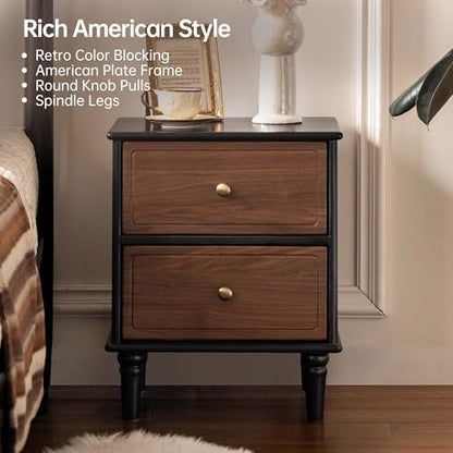 100% Solid Wood Nightstand, Mid Century Modern Night Stand with Drawers, Wooden Nightstands for Bedroom, Small Night Stands Bedside Tables (Black/Walnut, 19.69" H)