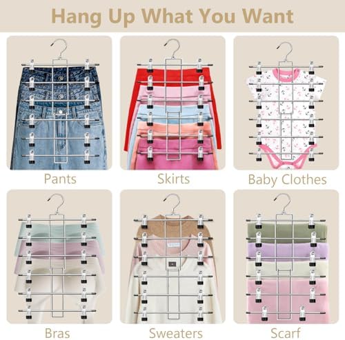 Pants Hangers with Clips,Space Saving Hanging Closet Organizer-6 Tiers Skirt Hangers with 360° Swivel Hook,Closet Organizer-Clothes Hangers- College Dorm Essentials Apartment Essentials-2 Pack