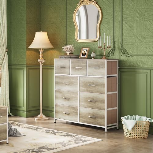 WLIVE Tall Dresser for Bedroom, 9 Drawer Chest of Drawers, Greige
