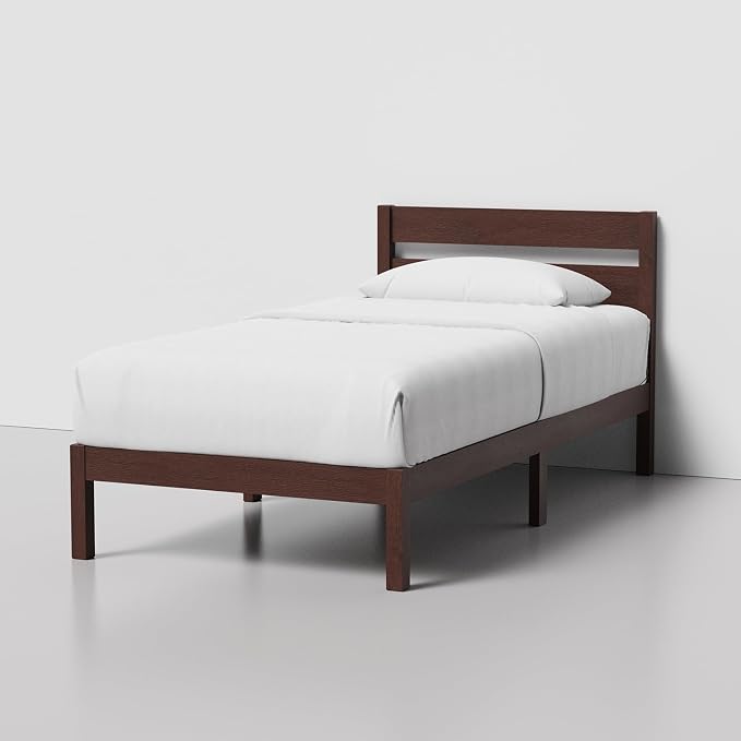 LIFEMENT Twin Bed Frame with Headboard Classic Wood Platform, Noise Free, Under Bed Storage, No Box Spring Needed, Easy Assembly, Walnut