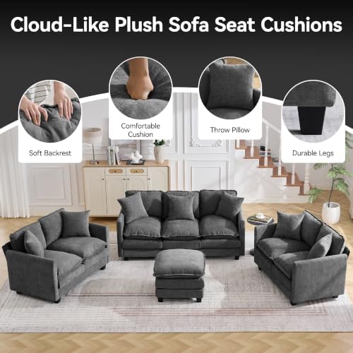 Cloud 3 Pieces Sofa Set, 1+1+2 Seater Couch, Modern Sofas Sets with Deep Seat, Modular Sectional Couches Sets for Living Room, Bedroom, Small Apartment, Dark Grey