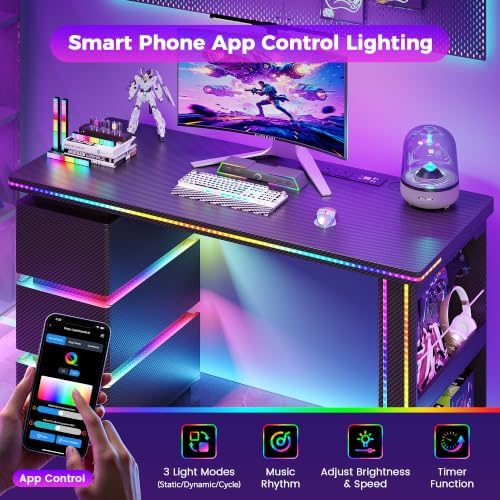 HNEBC 47.2" LED Home Office Computer Desk,3 Drawers,Pegboard,Fiber Black