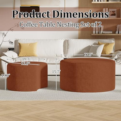 Round Nesting Coffee Table Set of 2,Upholstered Foam Ottoman Footrest Side Table Set,Modern Flannel Circle Coffee Table No Assembly for Living Room Entryway Bedroom,Orange