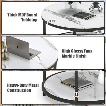 WiberWi Round Coffee Table 33.5" Coffee Tables for Living Room High Glossy Faux White Marble Top Modern Circle Table Sturdy Metal Frame Legs Cocktail Table with Storage Open Shelf