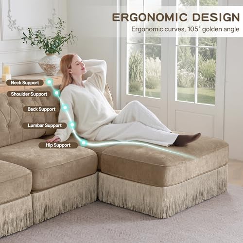 106" L-Shaped Velvet Chesterfield Style Modular Sectional Sofa, Oversized Button Tufted 3-Seater Couch with 1 Ottoman & Floor-grazing Tassel Fringe Skirt, Easy Assembly, for Living Room, Camel