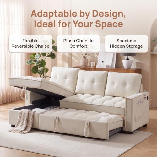 71" L Shaped Queen Pull Out Sofa Bed with Storage, USB Port, Beige