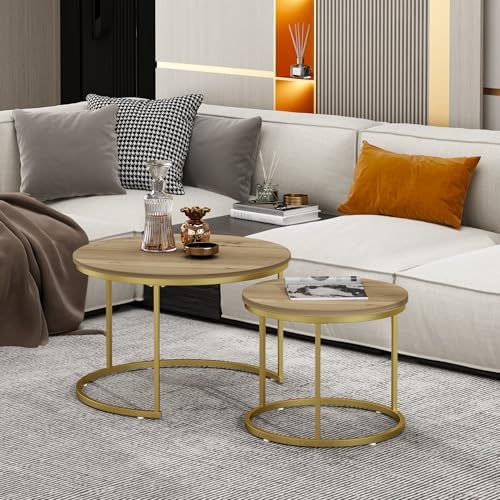 27.6" Round Nesting Coffee Table Set of 2, Brown & Gold Marble