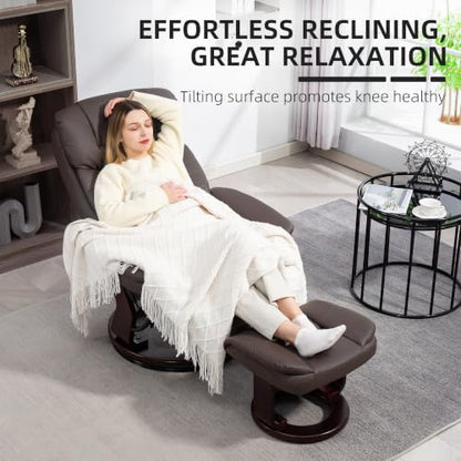 HOMCOM Recliner Chair with Ottoman, PU Leather Swivel Recliner with Comfy Footrest, Upholstered Adjustable Living Room Chair and Ottoman Set, Dark Brown