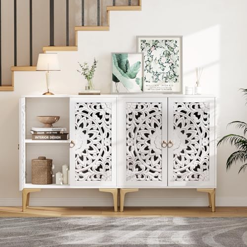 JOINICE 31.5" White Accent Cabinet with Carved Doors & Storage, Set of 2