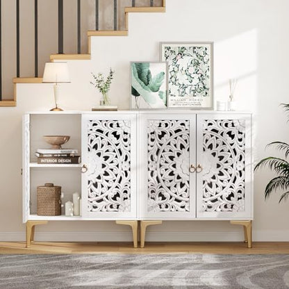 JOINICE 31.5" White Accent Cabinet with Carved Doors & Storage, Set of 2