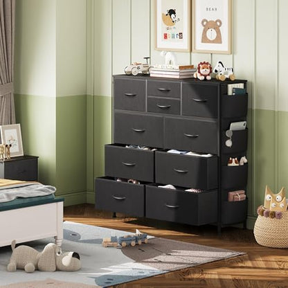 WLIVE 10 Drawer Black Fabric Dresser for Bedroom, Side Pocket & Hooks Chest