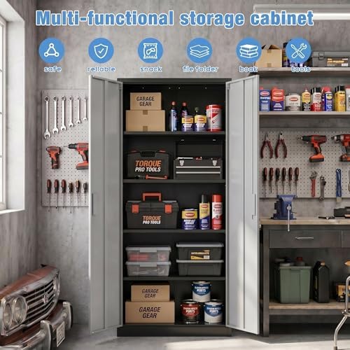 71"H Metal Garage Storage Cabinet,Black&Gray