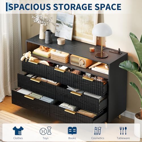 53.9"W 7 Drawer Dresser for Bedroom with LED and Charging Station, Black