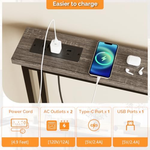 VINGLI 39" Console Table with Power Outlet, Narrow Sofa Table,Charcoal Gray