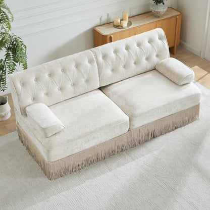 77" Velvet Chesterfield Style Modular Sectional Loveseat Sofa, Upholstered Oversized Button Tufted 2-Seater Couch with Floor-grazing Tassel Fringe Skirt, Easy Assembly, for Living Room, Beige