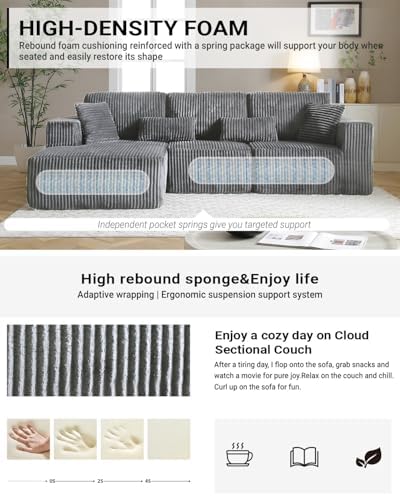 110" Cloud Boneless Couch, L-Shaped Sectional Sofa for Living Room, Grey
