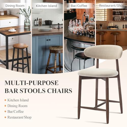COLAMY Counter Height Bar Stools Set of 4, Kitchen Bar Stools with Back, Mid Century Modern Upholstered, with Wood Legs for Kitchen Island Dining Room, Beige