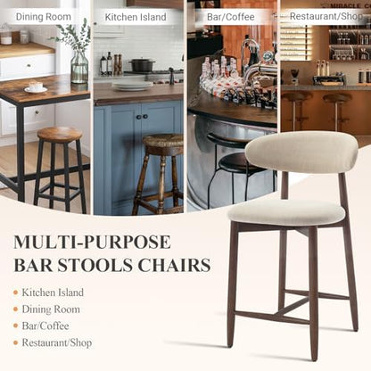 COLAMY Counter Height Bar Stools Set of 4, Kitchen Bar Stools with Back, Mid Century Modern Upholstered, with Wood Legs for Kitchen Island Dining Room, Beige