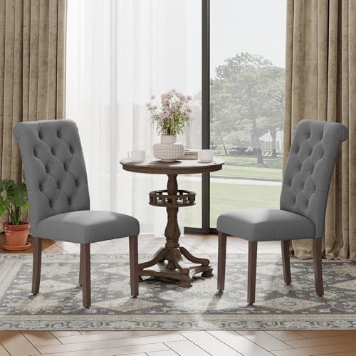 MALOL Upholstered Tufted Dining Room Chairs Set of 4, Parsons Kitchen Chairs with Padded Seat and Solid Wood Legs, Fabric Accent Side Diner Chair for Dining Room/Kitchen/Living Room, Grey