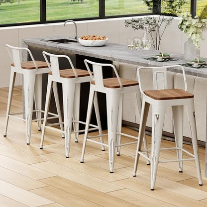 24" Barstools Set of 4 Counter Height Bar Stools Chair-Distressed White