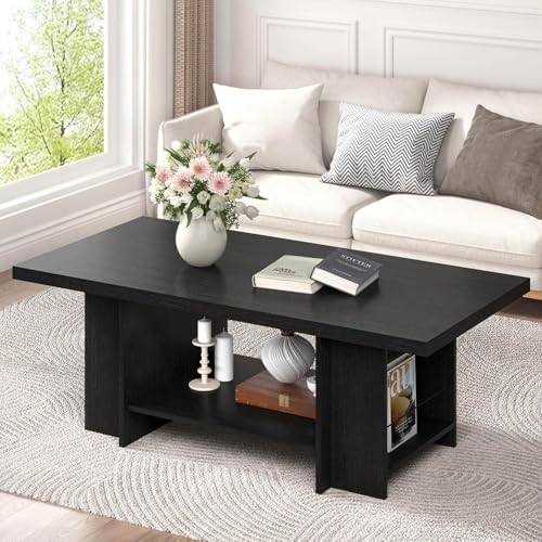 FOLUBAN Black Coffee Table with Storage Bottom Shelf & Side Shelves, Modern 2-Tier Living Room Center Table, Rectangular Wood Cocktail Tea Table for Home Office, 47 Inch