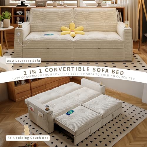 healthomse 73.2" Pull Out Couch, Queen Sleeper Sofa Bed, 3-in-1 Convertible Sofa Bed, Modern Corduroy Couch with Cup Holder and USB Ports, for Living Rooms, RV-Friendly, Small Spaces (Beige)