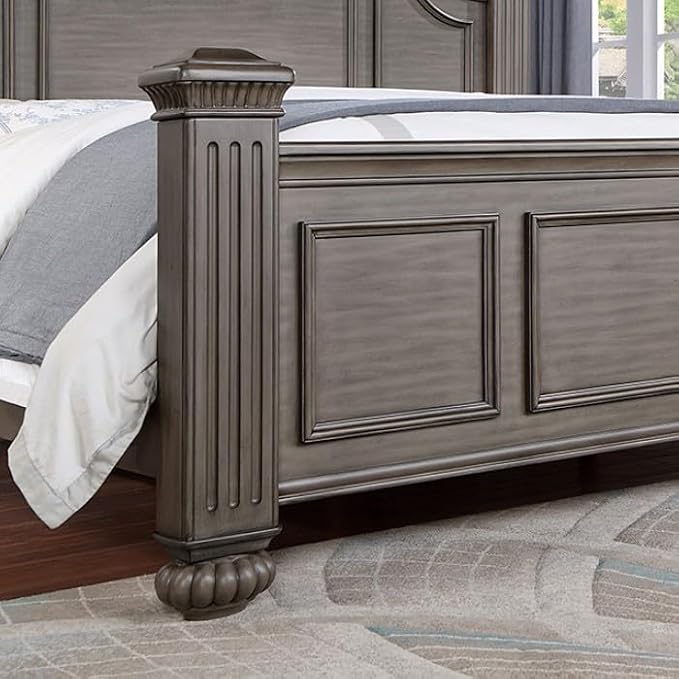 First of a Kind Queen Size Traditional Bedroom Furniture 5 pc Set in Gray - Solid Wood Finish with Floral Headboard Design, Antique Brass Hardware - Bed, Dresser, Mirror, Nightstand & Storage Chest