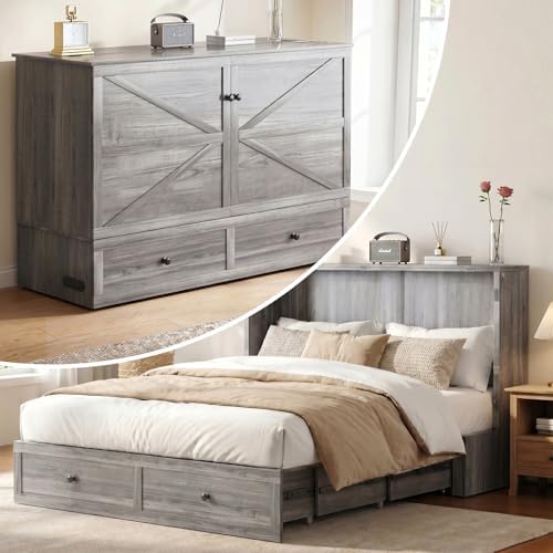 ijuicy Queen Murphy Bed Cabinet with Drawer & Charging Station,Grey