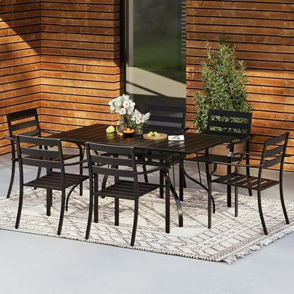 HOMREST 7 Piece Outdoor Patio Dining Set for 6, 63" Rectangular Metal Table with Umbrella Hole and Storage Shelf, Stackable Steel Chairs, Large Patio Furniture Set for Deck/Backyard/Poolside/Garden