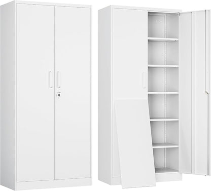 71"H Metal Storage Cabinet with Lock, White Garage Cabinets with 2 Doors and 5 Adjustable Shelves, Steel Locking Caninets Tall Tool Utility Caninet, Lockable File Cabnet for Home Office, Pantry