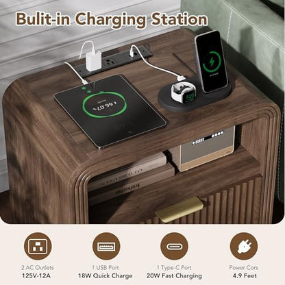 Decofy 23'' Wide Fluted Nightstand Set of 2 with Charging Station, Walnut