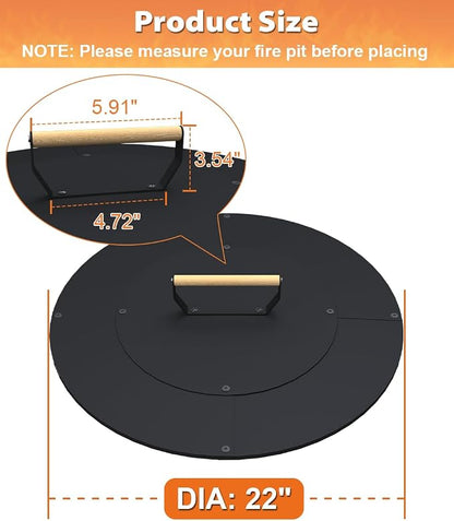 22" Wooden-Handle Fire Pit Lid for Pits up to 20", Round Metal Bonfire Pit Burner Pan Cover, Smokeless Fire Pit Cover for Fire Tables, All-Weather Resistance Outdoor Firepit Accessory