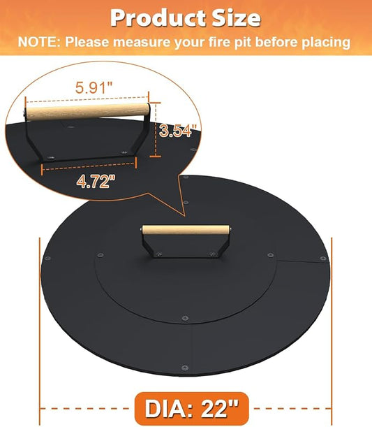 22" Wooden-Handle Fire Pit Lid for Pits up to 20", Round Metal Bonfire Pit Burner Pan Cover, Smokeless Fire Pit Cover for Fire Tables, All-Weather Resistance Outdoor Firepit Accessory