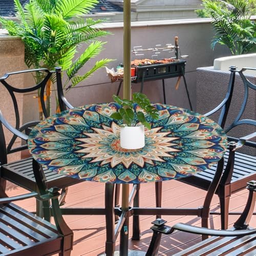 Mandala Outdoor Round Fitted Tablecloth with Umbrella Hole Zipper 45-56