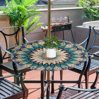 Mandala Outdoor Round Fitted Tablecloth with Umbrella Hole Zipper 45-56