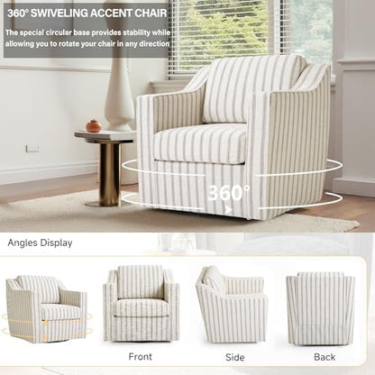 Swivel Accent Chair, Pinstripe Armchair in Fabric, Light Brown